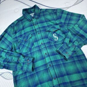 Seattle Mariners Flannel Night Shirt Men Sm Plaid Green MLB 2019 SGA Button